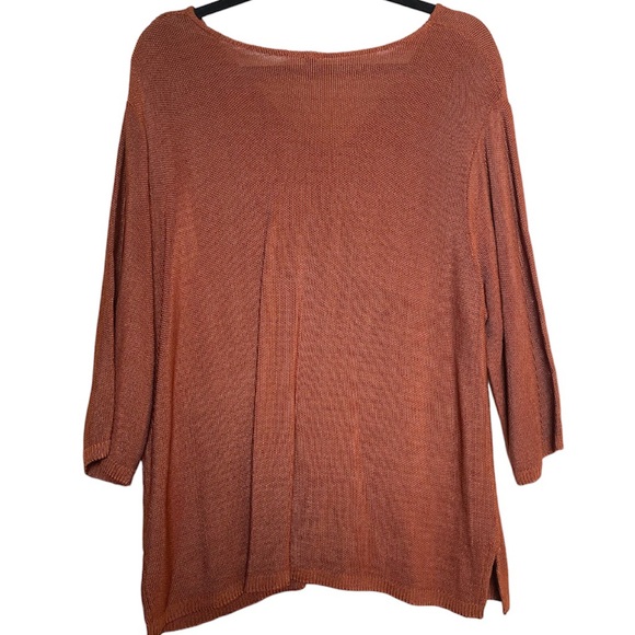 POWWOW Burnt Orange V Neck Chain Link Knit 3/4 Length Sleeve Top - Picture 2 of 6